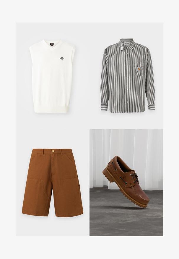 Witte mouwloze trui met V-hals, geribbelde zoom en een klein zwart logo op de linkerkant van de borst, gemaakt van een zachte gebreide stof.; Zwart-wit verticaal gestreept langwerpig shirt met een button-down kraag. Voorzien van een borstzak met een beige logo patch.; Bruine knielange shorts met voorzakken, ceintuurlussen en een sluiting met een koperen knoop, weergegeven op een witte achtergrond.; Bruine leren bootschoen met zwarte veters, beige stiksel en een robuuste zool, zwevend boven een grijze betonnen vloer.