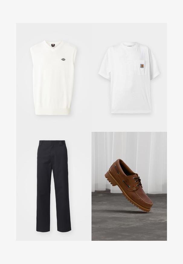 Witte mouwloze trui met V-hals, geribbelde zoom en een klein zwart logo op de linkerkant van de borst, gemaakt van een zachte gebreide stof.; Wit T-shirt met korte mouwen en een ronde hals met een borstzakje waarop een klein bruin-zwart Carhartt-logo is aangebracht.; Zwarte rechte broek van een katoenmix. Heeft een platte tailleband met riemlussen en geen zichtbare hardware of versieringen.; Bruine leren bootschoen met zwarte veters, beige stiksel en een robuuste zool, zwevend boven een grijze betonnen vloer.