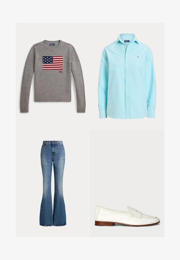 Pull gris en tricot avec un motif du drapeau américain et les initiales "RL" sur la poitrine, poignets côtelés et encolure ronde.; Chemise bleu clair à manches longues avec boutons, col et petit logo brodé sur le côté gauche de la poitrine.; Jean en denim bleu taille haute avec jambes évasées et légère décoloration sur la partie avant des cuisses, présenté sur fond blanc.; Mocassins blancs en cuir avec une finition texturée, bout arrondi et accent tressé. Talon en bois bas et design minimaliste.