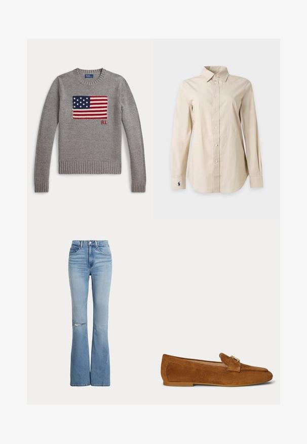 Pull gris en tricot avec un motif du drapeau américain et les initiales "RL" sur la poitrine, poignets côtelés et encolure ronde.; Chemise beige à manches longues, boutonnée, avec un col pointu et un petit logo sombre brodé près du poignet gauche.; Jean évasé taille haute bleu clair avec poches avant, fermeture bouton et zip, et une petite déchirure au niveau du genou gauche.; Mocassin plat en daim marron avec un détail de boucle en métal doré sur le dessus et une semelle à petit talon.