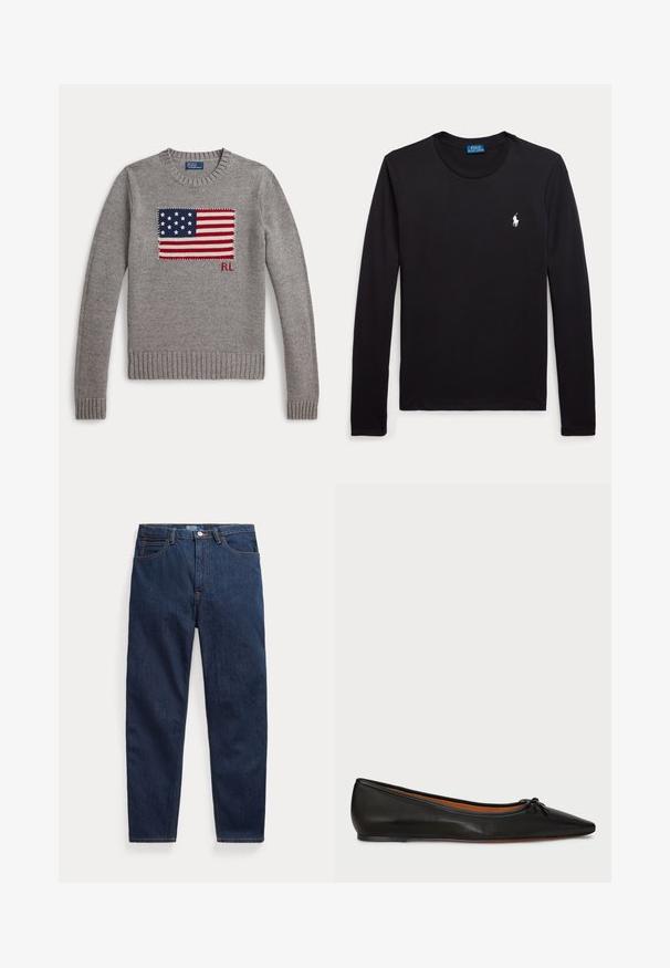 Pull gris en tricot avec un motif du drapeau américain et les initiales "RL" sur la poitrine, poignets côtelés et encolure ronde.; T-shirt noir à manches longues col rond avec petit logo cheval Polo Ralph Lauren blanc sur la poitrine gauche.; Jean en denim bleu foncé avec cinq poches, fermeture par bouton et coupe droite, posé à plat sur un fond blanc.; Ballet flat en cuir noir avec un bout pointu, une silhouette élancée et un petit nœud à l'avant. Texture lisse et design minimal.