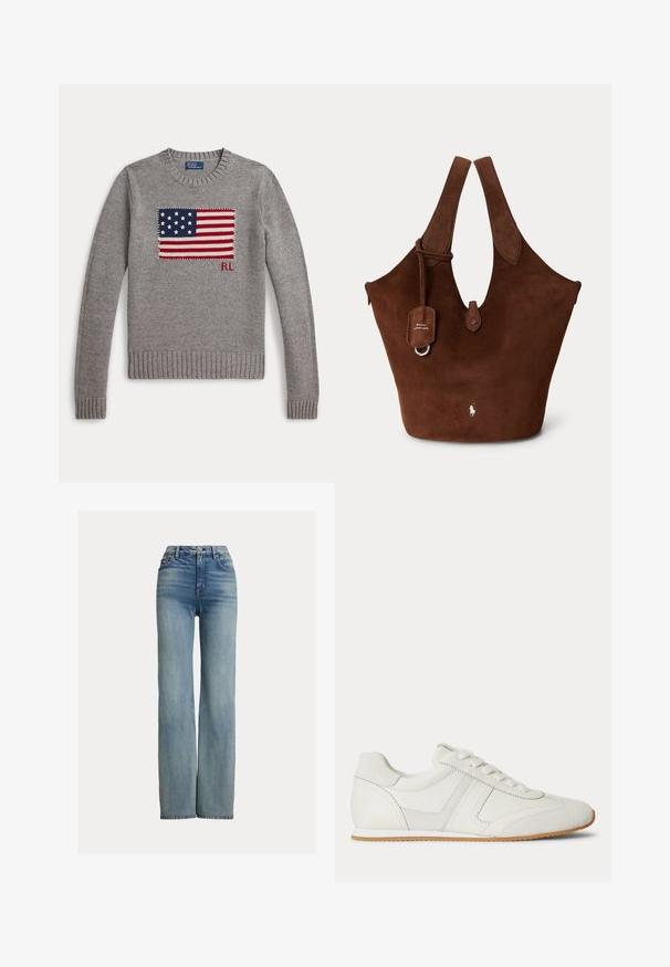 Pull gris en tricot avec un motif du drapeau américain et les initiales "RL" sur la poitrine, poignets côtelés et encolure ronde.; Jeans bleus taille haute, à jambe droite, avec poches avant, passants de ceinture et fermeture à bouton, présentant des détails légèrement délavés.; Baskets basses blanches avec laçage à l'avant, panneaux en daim et cuir, et une semelle en caoutchouc marron clair sur fond blanc.; Sac fourre-tout en daim marron avec larges poignées, fermeture à bouton sur le devant et petit logo Polo Ralph Lauren près du centre en bas.