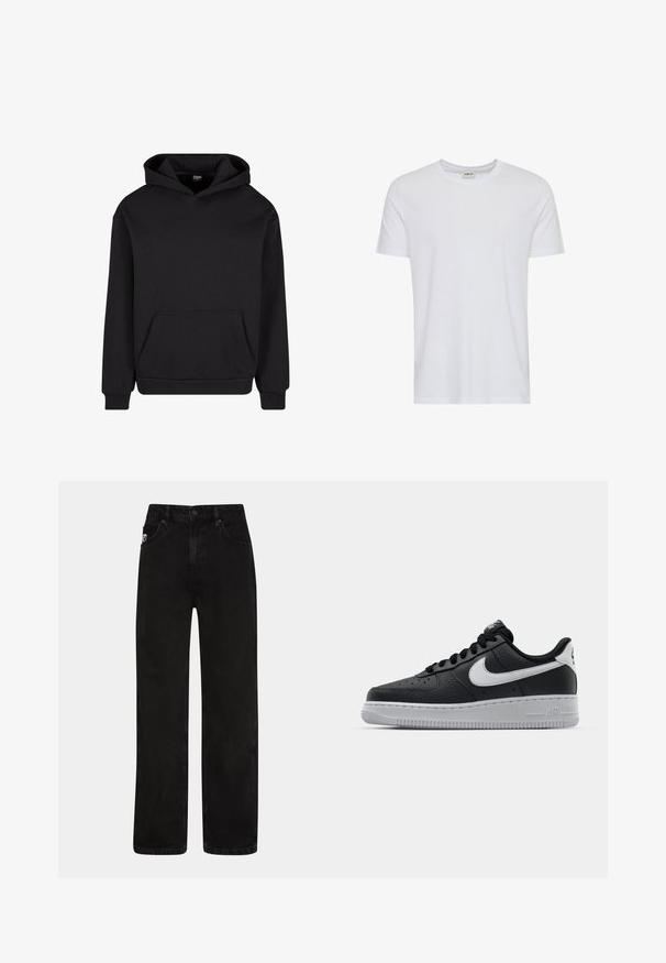 Sort hættebluse lavet af blødt materiale, med en frontlomme, en hætte med snor og ribbede manchetter og kant for en tæt pasform.; Plain hvid kortærmet t-shirt med rund hals, vist på en hvid baggrund, med et lille nakke-label, der viser mærket “Solid”.; Sorte denim jeans med lige ben, der har forlommer, lukning med knap og en diskret logo-patch på taljen.; Sort lædersneaker med tekstureret overflade, hvid Nike swoosh, grå sål, rund tå og snørebåndsdesign. Har perforeringer på tåboksen.