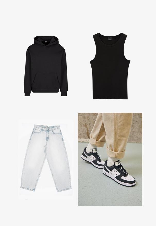 Zwarte hoodie gemaakt van zachte stof, met een voorzak, een capuchon met trekkoord en ribgebreide boorden en zoom voor een comfortabele pasvorm.; Zwarte geribbelde tanktop met een ronde halslijn en wijde armsgaten, gemaakt van een zachte, rekbare stof. Label: Pull&Bear.; Lichtgewassen spijkerbroek met een hoge taille, rechte, wijde pijpen, knoop- en ritssluiting en voor- en achterzakken.; Zwart-witte Nike Air Force 1 sneakers met een leren bovenwerk, geperforeerde neus en gestructureerde zooldetails, gedragen met opgerolde beige broek en witte sokken.