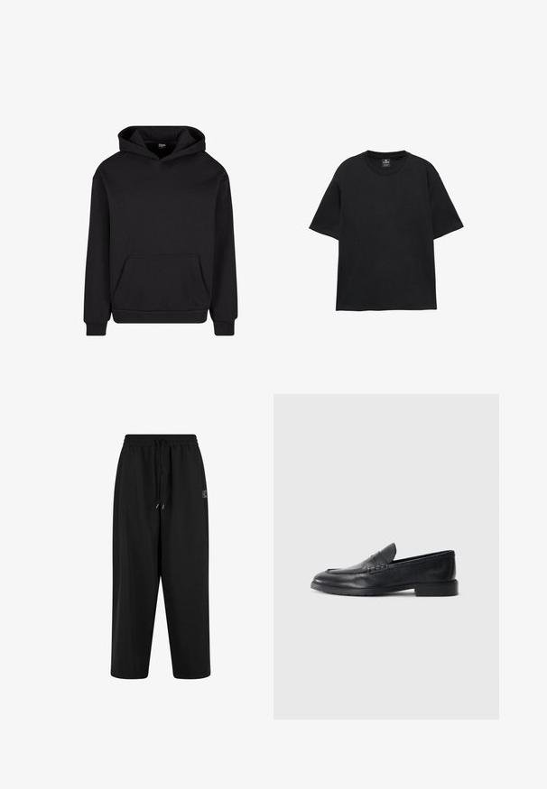 Sort hættebluse lavet af blødt materiale, med en frontlomme, en hætte med snor og ribbede manchetter og kant for en tæt pasform.; Sort T-shirt med korte ærmer, rund halsudskæring, afslappet pasform og lille mærkeindvendigt ved halsudskæringen.; Sorte sweatpants med elastisk talje og snøre. Fremstillet af blødt stof, med en afslappet pasform og sidelommer.; Sorte læder loafers med en glat overflade, rund tå, subtil syning og en lav blokhæl for støtte.