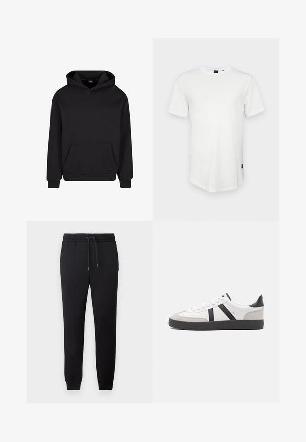 Hoodie noir en tissu doux, doté d'une poche avant, d'une capuche avec cordon de serrage et de poignets et d'ourlet côtelés pour un ajustement confortable.; T-shirt blanc à manches courtes en coton, avec un col rond et un dos légèrement allongé, arborant un petit logo sur le côté.; Pantalons de jogging noirs avec une taille élastique à cordon, des poignets ajustés et un textile doux. Design simple et minimaliste sans motifs ni accents.; Baskets blanches avec des accents noirs et gris, présentant un embout texturé gris, une semelle en caoutchouc noir et des lacets plats blancs. Design épuré, style minimaliste.