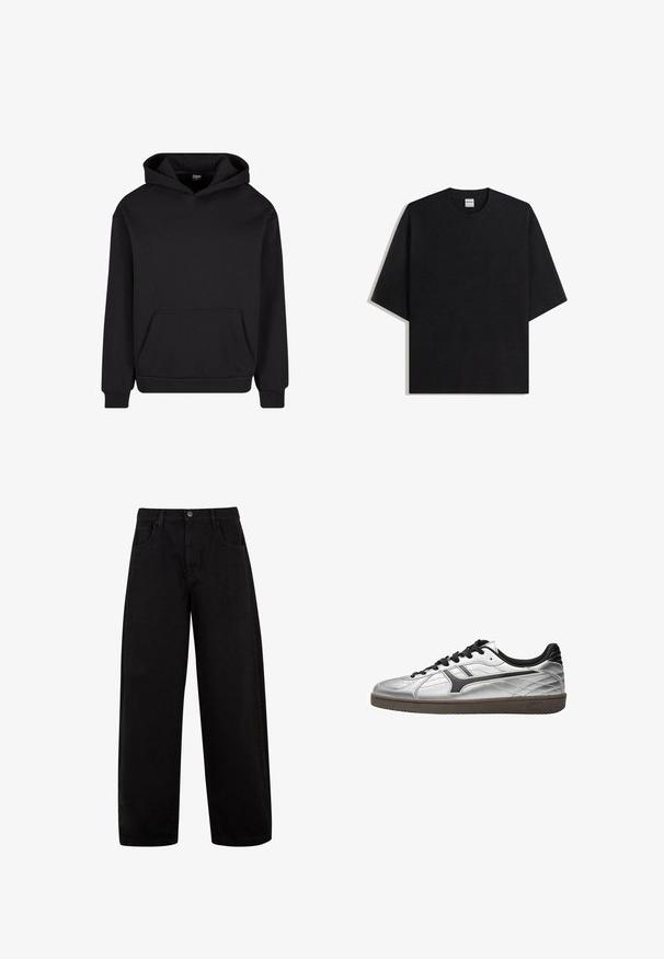 Hoodie noir en tissu doux, doté d'une poche avant, d'une capuche avec cordon de serrage et de poignets et d'ourlet côtelés pour un ajustement confortable.; T-shirt noir surdimensionné à col rond avec manches courtes, vue à plat sur fond blanc, étiquette Bershka visible à l'intérieur du col.; Jean noir à jambes larges en denim, doté de poches avant, d'une fermeture à bouton et d'un design épuré et minimal sans motifs visibles.; Baskets basses blanches et noires avec lacets noirs, doublure intérieure noire et semelle marron, vues du côté extérieur de la chaussure sur fond blanc.
