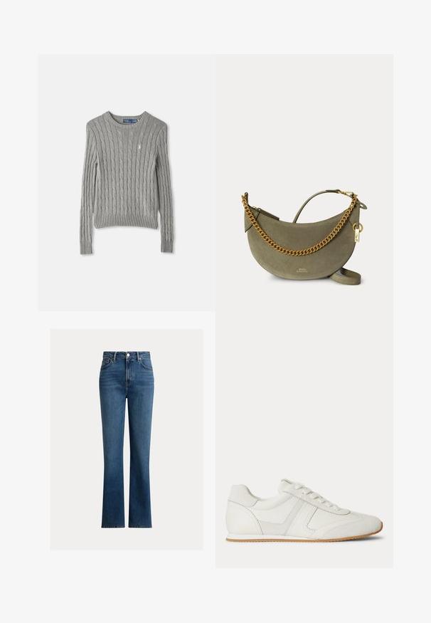 Grå kabelstrikket sweater med lange ærmer, ribbet kant og rund halsudskæring. Lille logo-accent på brystet.; Blå højtsiddende jeans med lige ben, foran knaplukning, lynlås og fem-lomme design på ensfarvet baggrund.; Hvid lavtop sneaker med snørelukning foran, ruskind- og læderpaneler og en lysebrun gummisål på en hvid baggrund.; Halvmåneformet håndtaske i olivengrønt ruskind med guldkædedetaljer, guldlås og lille guldlåsanhænger på ensfarvet baggrund.