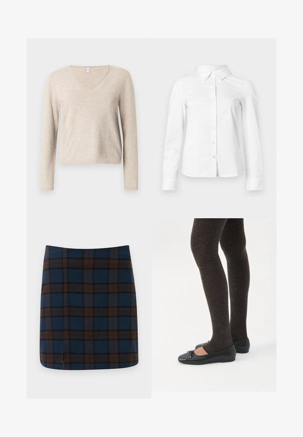 Pull beige à col en V en tissu tricoté doux avec des manches longues, présentant une coupe décontractée et un ourlet côtelé. Surface texturée avec un léger éclat.; Chemise blanche à manches longues avec boutons, col pointu, ourlet droit et silhouette ajustée, présentée sur un fond clair uni.; Jupe mini en tartan bleu marine avec des lignes marron et grises, fabriquée dans un tissu lisse, avec une fente discrète au dos pour plus de liberté de mouvement.; Jambes portant des leggings côtelés foncés associés à des ballerines noires avec de petits détails en nœud sur fond blanc.