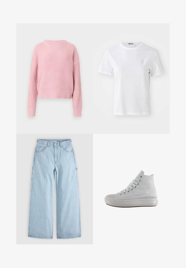 Suéter de punto rosa con textura acanalada, corte relajado, escote redondo amplio y mangas largas, con un estilo cropped y color sólido.; Camiseta blanca de manga corta hecha de una tela suave. Cuenta con un escote redondo y un corte recto, con una etiqueta en el cuello interior.; Vaqueros de mezclilla azul claro de pierna ancha con bolsillos delanteros, trabillas para cinturón y anillas laterales para herramientas, extendidos sobre un fondo gris.; Zapatilla de lona blanca de caña alta con cordones blancos, ojales metálicos, suela gruesa de goma y puntera texturizada, mirando hacia la izquierda sobre un fondo blanco.