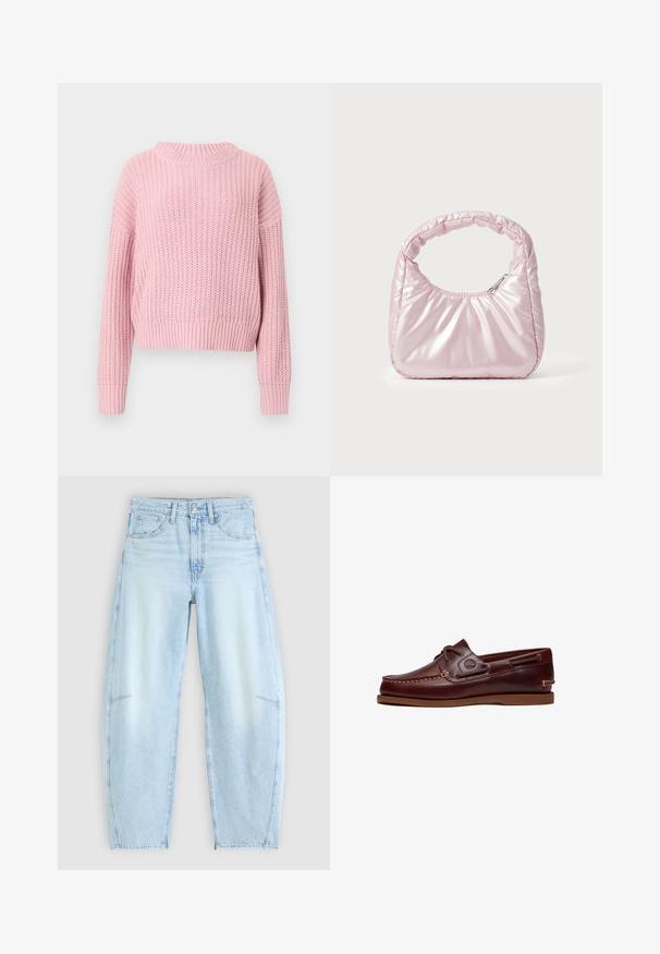 Roze gebreide trui met een geribbelde textuur, ontspannen pasvorm, brede ronde halslijn en lange mouwen, met een cropped stijl en effen kleur.; Lichtblauwe denimjeans met een ontspannen pasvorm, voorzien van een hoge taille, vijf-pocketontwerp en subtiele vervaging met rafelige zoomdetails.; Bruine leren boot schoen met veters, stiksel details en Timberland-logo aan de zijkant, weergegeven op een witte achtergrond.; Roze, gevoerde handtas met een afgeronde vorm, gemaakt van glanzend materiaal. Beschikt over een geplooide handgreep en een ritssluiting voor veilige toegang.
