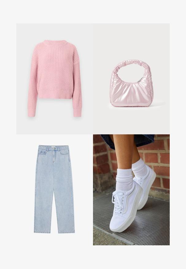 Roze gebreide trui met een geribbelde textuur, ontspannen pasvorm, brede ronde halslijn en lange mouwen, met een cropped stijl en effen kleur.; Lichtblauwe, high-waisted denim jeans met een straight-leg snit, vijf zakken en zichtbare stiksels. Het materiaal heeft een klassieke wassing.; Witte canvas sneakers met rubberen zolen, voorzien van zes vetertjes, een ronde neus en lichte stikdetails, gecombineerd met witte enkelsokken.; Roze, gevoerde handtas met een afgeronde vorm, gemaakt van glanzend materiaal. Beschikt over een geplooide handgreep en een ritssluiting voor veilige toegang.