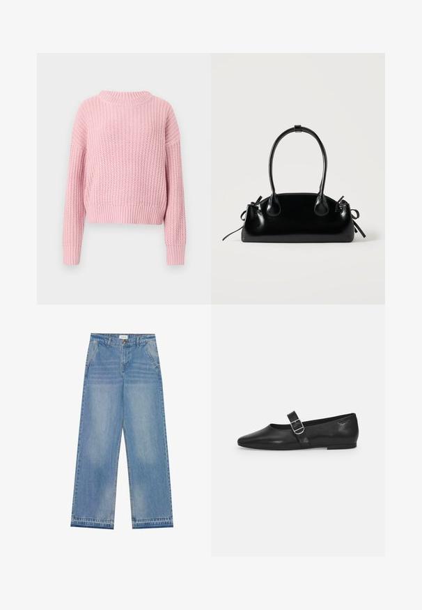 Roze gebreide trui met een geribbelde textuur, ontspannen pasvorm, brede ronde halslijn en lange mouwen, met een cropped stijl en effen kleur.; Lichtblauwe hoge taille wijde jeans met een knoopsluiting, voorzakken, riemlussen en subtiele vervaagde details.; Zwarte leren platte schoen met een ronde neus, een enkele verstelbare gespsluiting en een gladde, glanzende textuur. Minimalistisch ontwerp met een lage hak.; Kleine zwarte glanzende handtas met twee lange hengsels en zijkant trekkoord details op een effen lichte achtergrond.