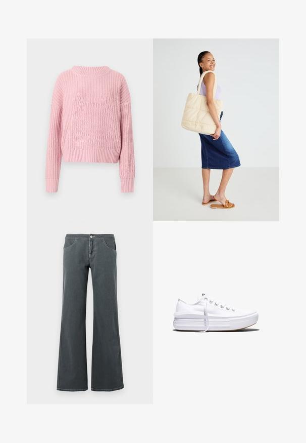 Roze gebreide trui met een geribbelde textuur, ontspannen pasvorm, brede ronde halslijn en lange mouwen, met een cropped stijl en effen kleur.; Grijze flared jeans van denim met een gladde textuur. Kenmerken zijn een knoopsluiting, riemlussen en voorzakken.; Witte lage canvas sneaker met dikke plateauzool, veters aan de voorkant en rubberen toeskap met structuur, zijaanzicht.; Gevoerde beige tote bag met dikke handvatten, ruim ontwerp en zachte textuur, vastgehouden door een persoon in een lichtpaarse top en een blauwe spijkerrok.