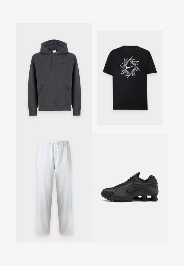 Σκούρα γκρι φούτερ Nike με κουκούλα και τσέπη καγκουρό μπροστά, ρυθμιζόμενη κουκούλα με κορδόνι, μανσέτες με ρίγες και διακριτικό κεντητό λογότυπο στο αριστερό στήθος.; Μαύρο κοντομάνικο μπλουζάκι με λευκό λογότυπο Nike στο κέντρο, περιτριγυρισμένο από δυναμικό κυκλικό σχεδιασμό με αιχμές.; Γκρι φόρμας από μαλακό ύφασμα, με ελαστική μέση και κορδόνι, και ίσια μπατζάκια. Χωρίς σχέδια ή διακοσμητικά στοιχεία.; Μαύρα αθλητικά παπούτσια με λείο συνθετικό άνω μέρος, διάτρητες λεπτομέρειες, υφή στις πλευρές και ξεχωριστή ελαστική σόλα.