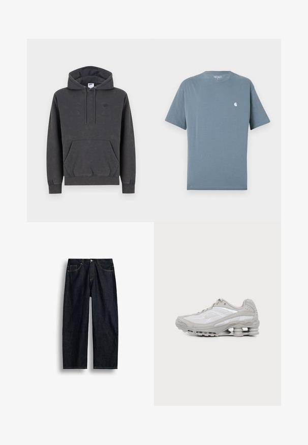 Σκούρα γκρι φούτερ Nike με κουκούλα και τσέπη καγκουρό μπροστά, ρυθμιζόμενη κουκούλα με κορδόνι, μανσέτες με ρίγες και διακριτικό κεντητό λογότυπο στο αριστερό στήθος.; Μπλε κοντομάνικη μπλούζα Carhartt με στρογγυλή λαιμόκοψη και μικρό λευκό λογότυπο στο αριστερό στήθος, μέγεθος μεγάλο.; Τζιν με ίσια πατρόν σε σκούρο μπλε, με κίτρινα ραφές, μπροστινές τσέπες και κούμπωμα με κουμπί στη μέση.; Γκρι και άσπρο αθλητικό παπούτσι με ορατό αεριζόμενο πέλμα και πλέγμα, εμφανίζεται σε προφίλ σε απλό ανοιχτό φόντο.