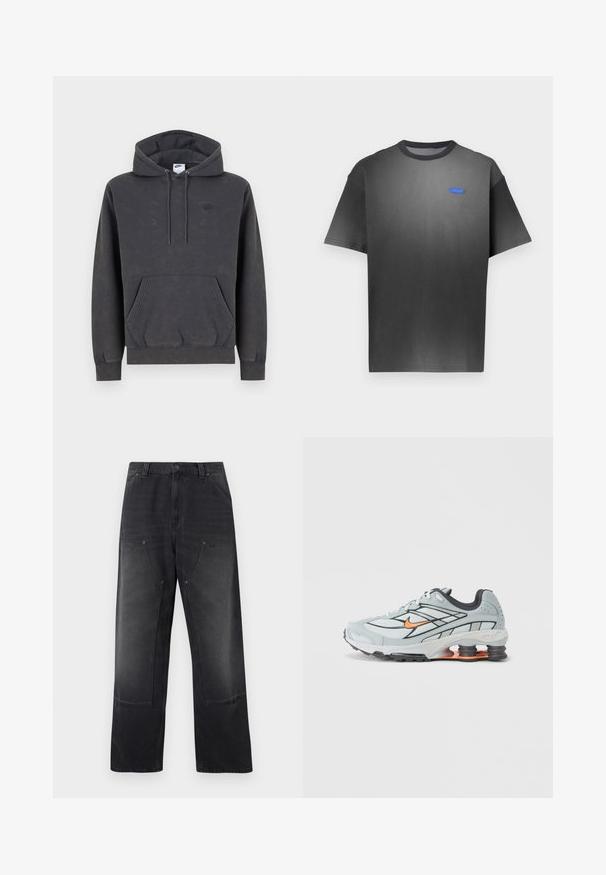 Σκούρα γκρι φούτερ Nike με κουκούλα και τσέπη καγκουρό μπροστά, ρυθμιζόμενη κουκούλα με κορδόνι, μανσέτες με ρίγες και διακριτικό κεντητό λογότυπο στο αριστερό στήθος.; Γκρι κοντομάνικη μπλούζα με διακριτική διαβάθμιση χρώματος, στρογγυλή λαιμόκοψη και μικρό μπλε λογότυπο στο στήθος. Ομαλή υφή υφάσματος.; Μαύρο τζιν παντελόνι με φαρδιά μπατζάκια, μπροστινές τσέπες με μπαλώματα, θηλιές για ζώνη και κλείσιμο με κουμπί και φερμουάρ.; Ανοιχτό γκρι αθλητικό παπούτσι με μαύρες λεπτομέρειες, πορτοκαλί λογότυπο, διχτυωτό επάνω μέρος, επενδεδυμένο κολάρο και λαστιχένια σόλα με ορατές μονάδες απορρόφησης κραδασμών.