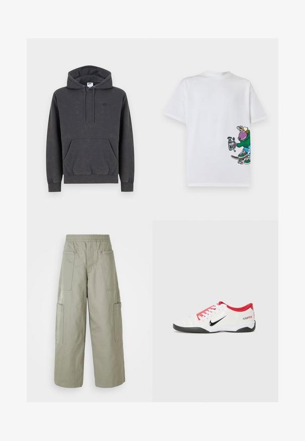 Σκούρα γκρι φούτερ Nike με κουκούλα και τσέπη καγκουρό μπροστά, ρυθμιζόμενη κουκούλα με κορδόνι, μανσέτες με ρίγες και διακριτικό κεντητό λογότυπο στο αριστερό στήθος.; Λευκό T-shirt με ένα πολύχρωμο κινούμενο χαρακτήρα σε skateboard που κρατά μια παλιά βιντεοκάμερα στην κάτω δεξιά πλευρά.; Φαρδιές, ελαιόχρωμες cargo παντελόνες με ελαστική μέση, πολλαπλές τσέπες και λεία υφή. Αναδιπλούμενο πλάτος στο στρίφωμα.; Λευκό αθλητικό παπούτσι με κόκκινες λεπτομέρειες, μαύρο λογότυπο Swoosh και υφασμάτινο σχέδιο. Διαθέτει λευκές κορδόνες και μαύρη σόλα. Το κείμενο αναγράφει "total90".