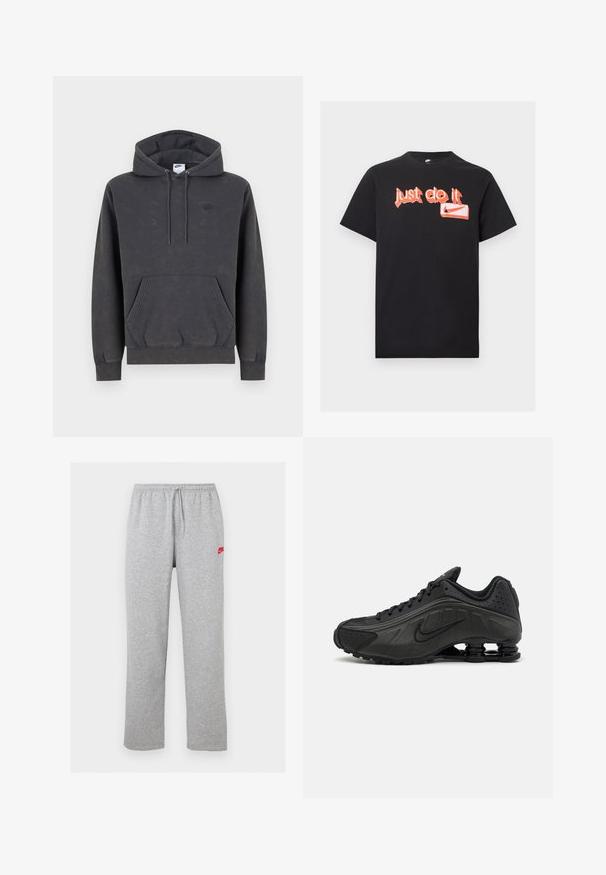 Σκούρα γκρι φούτερ Nike με κουκούλα και τσέπη καγκουρό μπροστά, ρυθμιζόμενη κουκούλα με κορδόνι, μανσέτες με ρίγες και διακριτικό κεντητό λογότυπο στο αριστερό στήθος.; Μαύρο κοντομάνικο T-shirt Nike με πορτοκαλί γκράφιτι-στυλ κείμενο "Just do it" και το λογότυπο Nike swoosh στο εμπρόσθιο μέρος.; Ανοιχτό γκρι φόρμες με ελαστική μέση και κορδόνι, με μικρό κόκκινο λογότυπο Nike στο πάνω αριστερό μηρό.; Μαύρα αθλητικά παπούτσια με λείο συνθετικό άνω μέρος, διάτρητες λεπτομέρειες, υφή στις πλευρές και ξεχωριστή ελαστική σόλα.