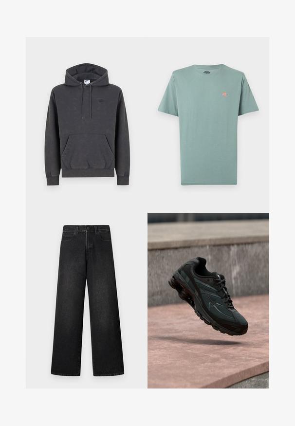 Σκούρα γκρι φούτερ Nike με κουκούλα και τσέπη καγκουρό μπροστά, ρυθμιζόμενη κουκούλα με κορδόνι, μανσέτες με ρίγες και διακριτικό κεντητό λογότυπο στο αριστερό στήθος.; Απλό σιγασμένο πράσινο κοντομάνικο μπλουζάκι με στρογγυλή λαιμόκοψη και μικρό πολύχρωμο λογότυπο Dickies στο αριστερό στήθος.; Τζιν μαύρου χρώματος με φαρδιά πόδια και υψηλή μέση, σχεδιασμένα με πέντε τσέπες και μία μόνο κουμπί μπροστά. Ομαλή υφή με ελάχιστες λεπτομέρειες.; Μαύρο αθλητικό παπούτσι με ορατή μεσαία σόλα αέρα που αιωρείται πάνω από μια ροζ πέτρινη επιφάνεια με φόντο ένα γκρι πέτρινο τοίχο.