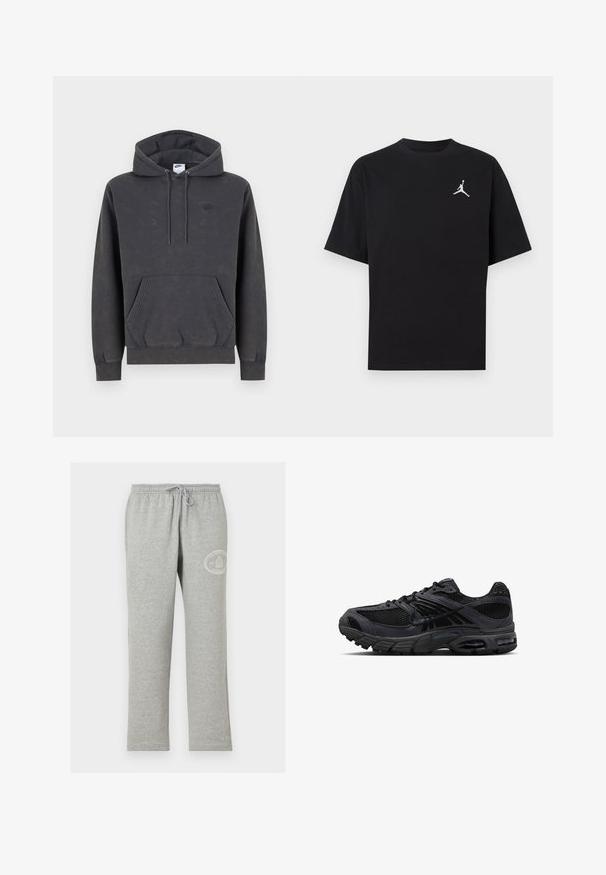 Σκούρα γκρι φούτερ Nike με κουκούλα και τσέπη καγκουρό μπροστά, ρυθμιζόμενη κουκούλα με κορδόνι, μανσέτες με ρίγες και διακριτικό κεντητό λογότυπο στο αριστερό στήθος.; Μαύρο βαμβακερό μπλουζάκι με κοντά μανίκια, με λευκό λογότυπο Jumpman στο αριστερό μέρος του στήθους. Στρογγυλή λαιμόκοψη, κανονική εφαρμογή και λεία υφή.; Γκρι φόρμα με ελαστική μέση και κορδόνι, με μικρό λευκό κυκλικό λογότυπο στο πάνω αριστερό μηρό.; Μαύρο και σκούρο γκρι αθλητικό παπούτσι Nike με ύφασμα mesh, επενδύσεις από σουέντ, μαξιλαρωμένη σόλα και ορατές μονάδες αέρα στη φτέρνα και στο μπροστινό μέρος του ποδιού.