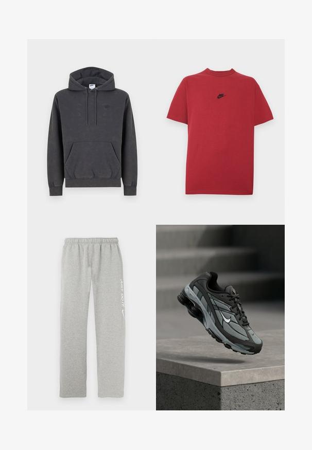 Σκούρα γκρι φούτερ Nike με κουκούλα και τσέπη καγκουρό μπροστά, ρυθμιζόμενη κουκούλα με κορδόνι, μανσέτες με ρίγες και διακριτικό κεντητό λογότυπο στο αριστερό στήθος.; Κόκκινη βαμβακερή μπλούζα με μαύρο λογότυπο Nike στο στήθος, κοντά μανίκια, στρογγυλή λαιμόκοψη και κανονική εφαρμογή. Ομαλή υφή.; Γκρι φόρμες από μαλακό υλικό με ελαστική μέση. Διαθέτουν λευκή επιγραφή "JUST DO IT" και λογότυπο Nike swoosh σε ένα πόδι.; Γκρι και μαύρο αθλητικό παπούτσι με πλέγμα και χοντρή σόλα, τοποθετημένο στον αέρα πάνω από ένα τσιμεντένιο περιθώριο με σκάλες στο βάθος.