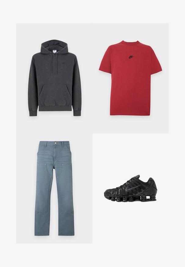 Σκούρα γκρι φούτερ Nike με κουκούλα και τσέπη καγκουρό μπροστά, ρυθμιζόμενη κουκούλα με κορδόνι, μανσέτες με ρίγες και διακριτικό κεντητό λογότυπο στο αριστερό στήθος.; Κόκκινη βαμβακερή μπλούζα με μαύρο λογότυπο Nike στο στήθος, κοντά μανίκια, στρογγυλή λαιμόκοψη και κανονική εφαρμογή. Ομαλή υφή.; Μπλε τζιν παντελόνι με ίσια γραμμή, ψηλή μέση, μπροστινές τσέπες και ενισχυμένες ραφές στους μηρούς και τα γόνατα, τοποθετημένο επίπεδα σε λευκό φόντο.; Μαύρα αθλητικά παπούτσια κατασκευασμένα από δίχτυ και συνθετικά υλικά, με χαρακτηριστικό κυματιστό σχέδιο, μαύρη λαστιχένια σόλα και αντανακλαστικές λεπτομέρειες.