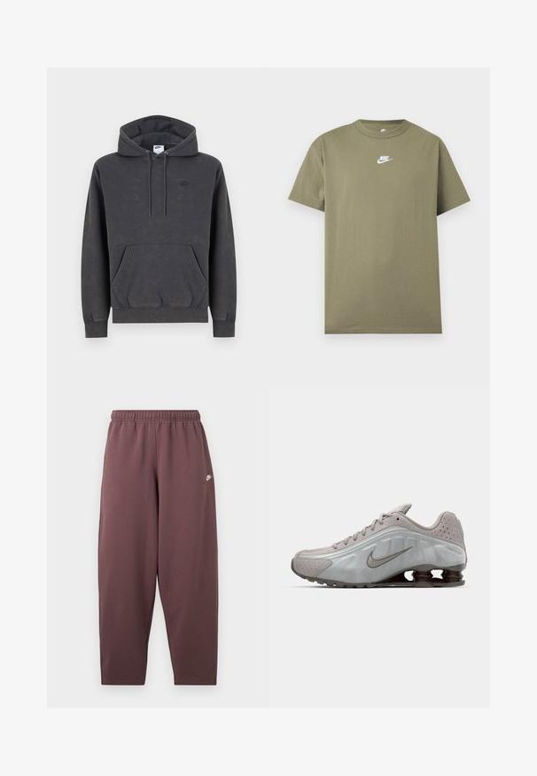 Σκούρα γκρι φούτερ Nike με κουκούλα και τσέπη καγκουρό μπροστά, ρυθμιζόμενη κουκούλα με κορδόνι, μανσέτες με ρίγες και διακριτικό κεντητό λογότυπο στο αριστερό στήθος.; Κοντομάνικο μπλουζάκι Nike σε ελιά πράσινο με στρογγυλή λαιμόκοψη και λευκό λογότυπο στο στήθος, σε απλό ανοιχτό γκρι φόντο.; Χαλαρής εφαρμογής σκούρο μωβ φόρμες με ελαστική μέση και μικρό λευκό λογότυπο Nike στο επάνω μέρος του μηρού.; Αθλητικά παπούτσια τρεξίματος Nike σε ανοιχτό γκρι, με λεία υφή, καμπύλη σχεδίαση και ορατά ελατήρια απορρόφησης κραδασμών σε σκούρο καφέ στην φτέρνα.