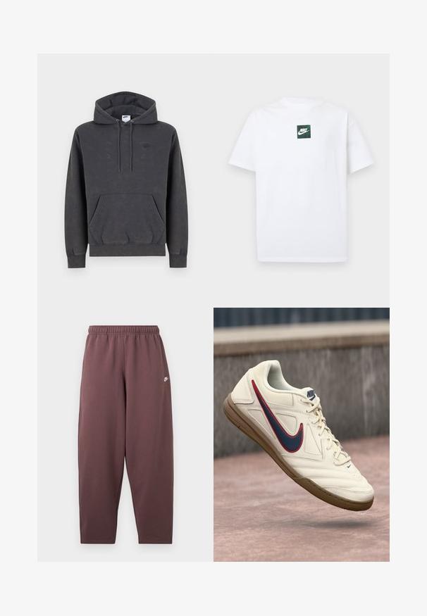 Σκούρα γκρι φούτερ Nike με κουκούλα και τσέπη καγκουρό μπροστά, ρυθμιζόμενη κουκούλα με κορδόνι, μανσέτες με ρίγες και διακριτικό κεντητό λογότυπο στο αριστερό στήθος.; Άσπρο κοντομάνικο T-shirt της Nike με μικρό πράσινο τετράγωνο λογότυπο που απεικονίζει το σήμα Swoosh της Nike και κείμενο στο κέντρο του στήθους.; Χαλαρής εφαρμογής σκούρο μωβ φόρμες με ελαστική μέση και μικρό λευκό λογότυπο Nike στο επάνω μέρος του μηρού.; Λευκό sneakers της Nike με μπλε και κόκκινη λωρίδα, υφασμάτινο σώμα από δερμάτινη επένδυση, σχέδιο με κορδόνια και σόλα από καουτσούκ γάλακτος.