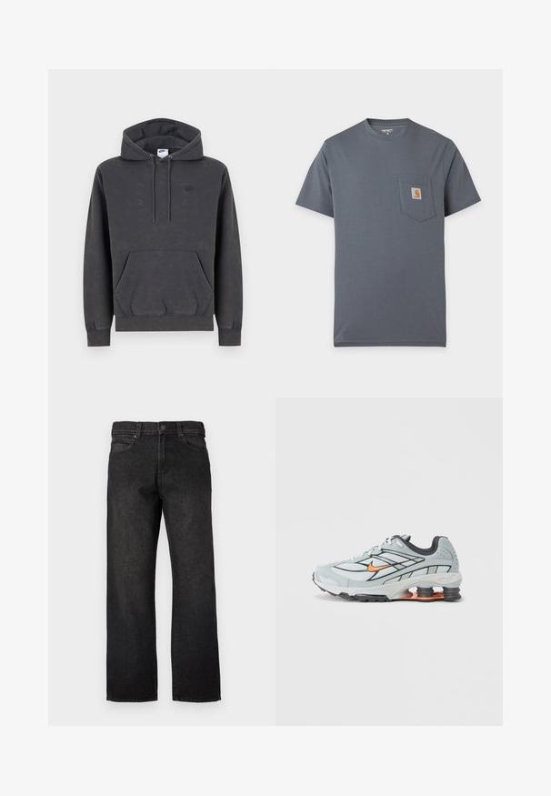 Σκούρα γκρι φούτερ Nike με κουκούλα και τσέπη καγκουρό μπροστά, ρυθμιζόμενη κουκούλα με κορδόνι, μανσέτες με ρίγες και διακριτικό κεντητό λογότυπο στο αριστερό στήθος.; Γκρι κοντομάνικο T-shirt με μπροστινή τσέπη που διαθέτει μικρό τετράγωνο λογότυπο Carhartt στο στήθος.; Μαύρο τζιν παντελόνι με ίσια γραμμή, διαθέτει κουμπιά κλεισίματος, θηλιές για ζώνη και πέντε τσέπες. Το ύφασμα έχει λείο, ελαφρώς υφηρό φινίρισμα.; Ανοιχτό γκρι αθλητικό παπούτσι με μαύρες λεπτομέρειες, πορτοκαλί λογότυπο, διχτυωτό επάνω μέρος, επενδεδυμένο κολάρο και λαστιχένια σόλα με ορατές μονάδες απορρόφησης κραδασμών.