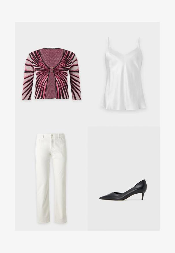 Cardigan à manches longues rose et noire à motifs, avec un col en V profond et une fermeture centrale ronde.; Haut camisole en satin blanc avec fines bretelles spaghetti et décolleté en V, présenté à plat sur un fond neutre.; Jean blanc à jambe droite avec fermeture devant par bouton et zip, passants de ceinture et poches avant, présenté sur un fond clair uni.; Escarpin en cuir noir avec un bout pointu et un talon bas. Présente une texture lisse et un éclat subtil. Découpe ouverte à l'avant pour un détail supplémentaire.