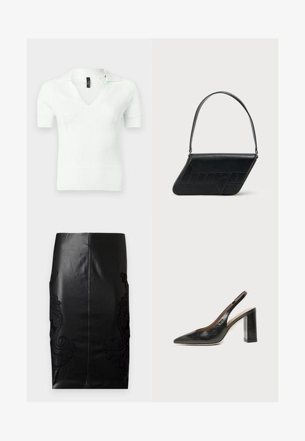 Polo en maille côtelée blanche avec col en V et manches courtes, présentant un tissu texturé et un léger éclat.; Jupe crayon en cuir noir avec un délicat broderie en dentelle noire sur les côtés, dos sans couture et texture lisse. Coupe classique et silhouette.; Chaussure slingback en cuir noir à bout pointu avec un talon bloc haut et une doublure intérieure beige sur un fond clair uni.; Sac d'épaule en cuir noir de forme triangulaire, avec un logo embossé et une seule bandoulière réglable. Design minimaliste avec une texture lisse.