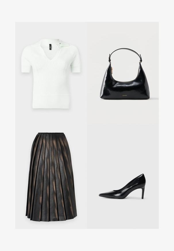 Polo en maille côtelée blanche avec col en V et manches courtes, présentant un tissu texturé et un léger éclat.; Jupe midi plissée noire avec une finition texturée légèrement brillante et un petit logo près de la ceinture.; Chaussure à talon haut en cuir noir avec un bout pointu, texture lisse et un talon effilé. Design minimaliste, sans embellissements supplémentaires.; Sac à main Calvin Klein noir brillant avec fermeture éclair dorée et anse courte sur fond blanc uni.