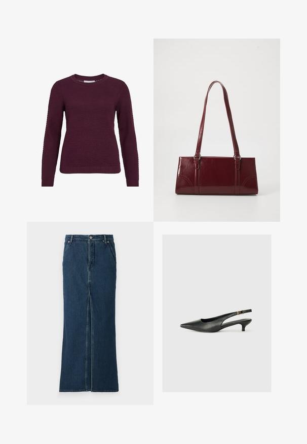 Pull en bordeaux avec un motif texturé en nid d'abeille, col rond, manches longues et poignets et ourlet côtelés.; Good American FIT AND FLARE MAXI SKIRT - Jupe en jean - indigo; Chaussure slingback noire à bout pointu en cuir lisse. Présente un talon fin et un détail de boucle sur la sangle réglable.; Sac à main bordeaux en matériau brillant, de forme rectangulaire, avec deux anses et des accents légèrement courbés à l'avant.