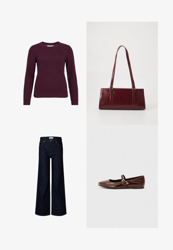 Pull en bordeaux avec un motif texturé en nid d'abeille, col rond, manches longues et poignets et ourlet côtelés.; Jean en denim bleu foncé à jambes larges avec bouton et fermeture éclair à l'avant, passants de ceinture et poches avant, présenté sur fond blanc.; Ballerine en cuir verni marron avec un bout carré et une lanière ornée d'une petite boucle dorée. Texture lisse, talon bas et design minimaliste.; Sac à main bordeaux en matériau brillant, de forme rectangulaire, avec deux anses et des accents légèrement courbés à l'avant.