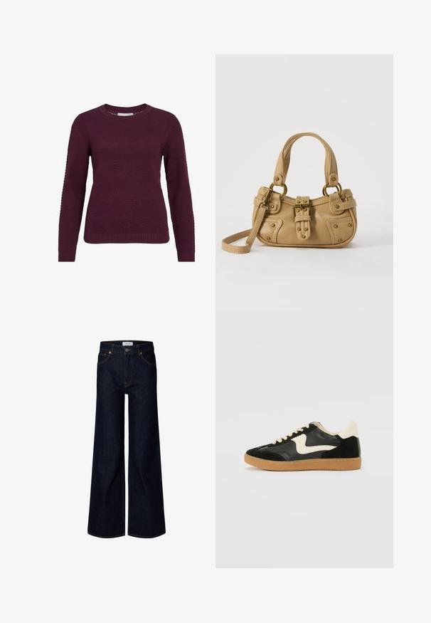 Bordeaux pullover sweater med et struktureret, honningkagesmønster, rund hals, lange ærmer og ribbede manchetter og kant.; Mørkeblå bredbenede denimjeans med frontknap og lynlås, bæltestropper og frontlommer, vist på en hvid baggrund.; Sorte ruskinds- og lædersneakers med en cremefarvet side-swoosh og lys cremefarvet hæl. Har beige snørebånd og en gummirubber-sål.; Beige læderhåndtaske med dobbelte håndtag, messing spænde og nitte detaljer samt en justerbar skulderrem mod en hvid baggrund.