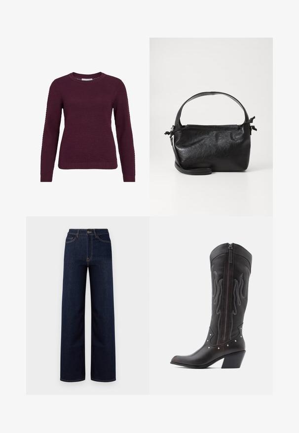 Bordeaux pullover sweater med et struktureret, honningkagesmønster, rund hals, lange ærmer og ribbede manchetter og kant.; Mørkeblå bredbenede jeans lavet af denim, med høj talje, fire lommer og kontrastfarvet syninger langs sømmene.; Brune læder cowboystøvler med flammebroderi, sidelukning med lynlås, sølvnitter, spids snude og lagdelt hæl.; Sort læderhåndtaske med et struktureret design, rund tophåndtag og aftagelig skulderrem. Den har en glat tekstur og en subtil glans.