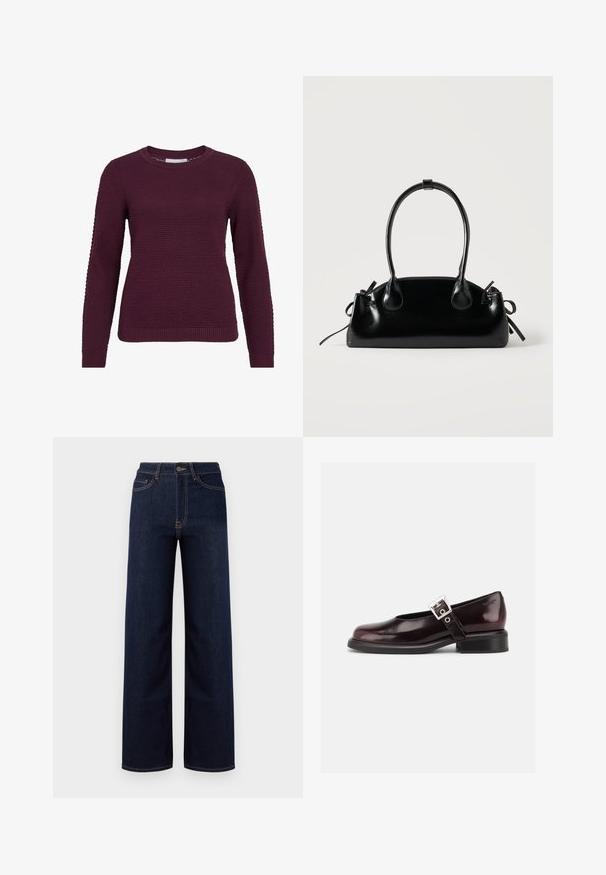Bordeaux pullover sweater med et struktureret, honningkagesmønster, rund hals, lange ærmer og ribbede manchetter og kant.; Mørkeblå bredbenede jeans lavet af denim, med høj talje, fire lommer og kontrastfarvet syninger langs sømmene.; En enkelt blank mørk burgunder Mary Jane sko med bred rem og sølvspænde, lav blokhæle og rundet tå på hvid baggrund.; Lille sort blank håndtaske med to lange håndtag og snøre-detaljer i siden på en ensfarvet lys baggrund.
