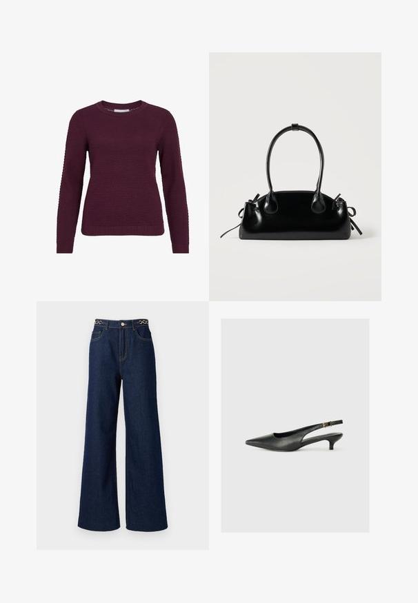 Jersey de color burdeos con un patrón texturizado de panal, cuello redondo, mangas largas y puños y dobladillo acanalados.; Los pantalones vaqueros de pierna ancha de denim azul oscuro cuentan con una cintura alta, acentos de cadena dorada en la pretina y detalles de costura en contraste a lo largo de la prenda.; Zapato de tacón slingback negro de punta afilada, hecho de cuero suave. Presenta un tacón delgado y un detalle de hebilla en la correa ajustable.; Pequeño bolso negro brillante con dos asas largas y detalles de cordón lateral sobre un fondo claro liso.