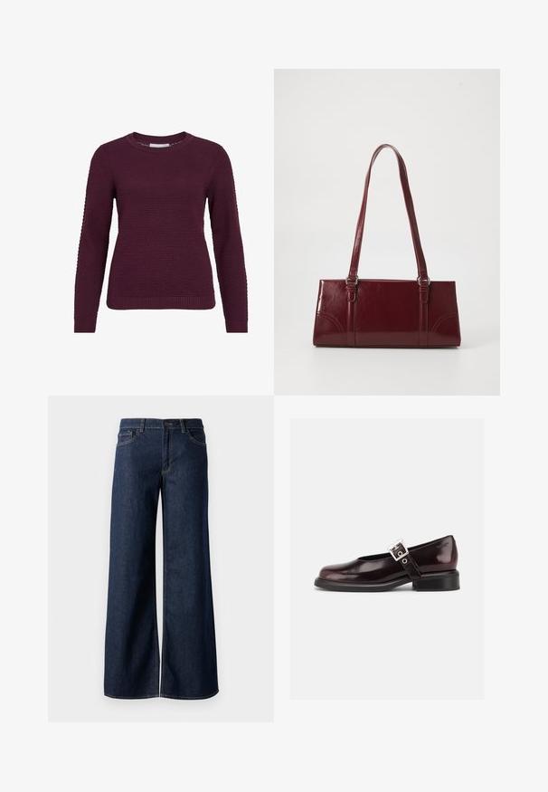 Bordeaux pullover trui met een gestructureerd, honingraatpatroon, ronde hals, lange mouwen en geribbelde manchetten en onderrand.; Stijlen met wijde pijpen in donkerblauw denim. Kenmerkt zich door contrasterende stiksels, vijf zakken en een knoopsluiting in de taille. Soepele textuur.; Enkele glanzende donker bordeauxrode Mary Jane schoen met brede band en zilveren gesp, lage blokhak en afgeronde neus op witte achtergrond.; Bourgondische handtas van glanzend materiaal, rechthoekige vorm, met twee schouderbanden en subtiele gebogen accenten aan de voorkant.