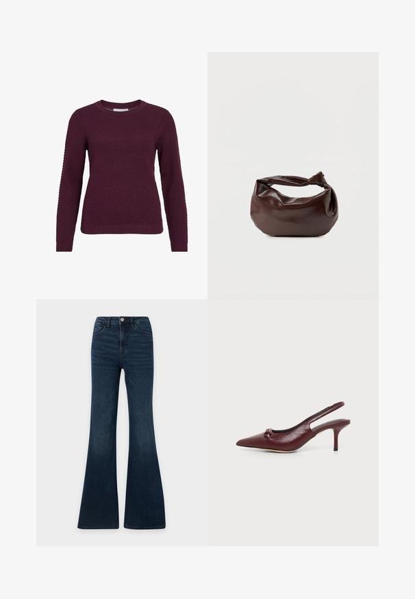Burgunderfarbener Pullover mit strukturiertem Wabenmuster, rundem Hals, langen Ärmeln sowie gerippten Bündchen und Saum.; Dunkelblaue Jeans mit hoher Taille und ausgestelltem Bein, vorn Knopf- und Reißverschluss und Vorder- und Gesäßtaschen.; Bordeauxrote Leder-Slingback-Pumps mit spitz zulaufender Zehe, niedrigem Stiletto-Absatz und kleinem Knotendetail vorne, auf einfachem Hintergrund gezeigt.; Dunkelbraune Lederschultertasche mit weicher, lockerer Form und einem gedrehten Knotengriff vor schlichtem weißem Hintergrund.