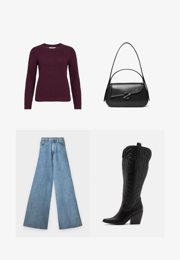 Burgunderfarbener Pullover mit strukturiertem Wabenmuster, rundem Hals, langen Ärmeln sowie gerippten Bündchen und Saum.; Good American PANELED WIDE LEG - Wide Leg - indigo; Schwarze kniehohe Stiefel aus Leder mit spitz zulaufender Zehenpartie und gestapeltem Absatz. Verfügt über dekorative Nähte und geschwungene Designelemente.; Schwarze Lederschultertasche mit einer geschwungenen Klappe, die durch einen runden Metallverschluss gesichert ist, und einem schlanken, verstellbaren Riemen.