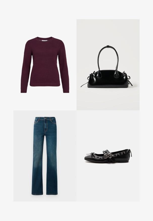 Bordeaux pullover trui met een gestructureerd, honingraatpatroon, ronde hals, lange mouwen en geribbelde manchetten en onderrand.; Donkerblauwe, high-waisted jeans met een rechte pijp. Gemaakt van denim, met contrasterende stiksels en een klassiek ontwerp met vijf zakken.; Zwarte platte balletschoen met dubbele gespsluitingen, zilveren oogjes en een klein strikje nabij de afgeronde neus op een witte achtergrond.; Kleine zwarte glanzende handtas met twee lange hengsels en zijkant trekkoord details op een effen lichte achtergrond.