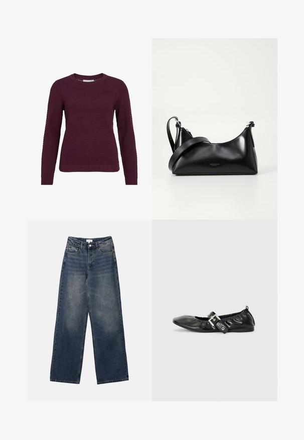 Bordeaux pullover sweater med et struktureret, honningkagesmønster, rund hals, lange ærmer og ribbede manchetter og kant.; Mænds højtaljede blå denim jeans med brede ben, frontknap og lynlås samt for- og baglommer.; Sorte læder flade sko med spids tå, samling detaljer omkring åbningen, og en sølv spænde accent på den justerbare rem.; Sort læderhåndtaske med en glat tekstur. Har en justerbar stropp og et enkelt, minimalistisk design med lynlås.