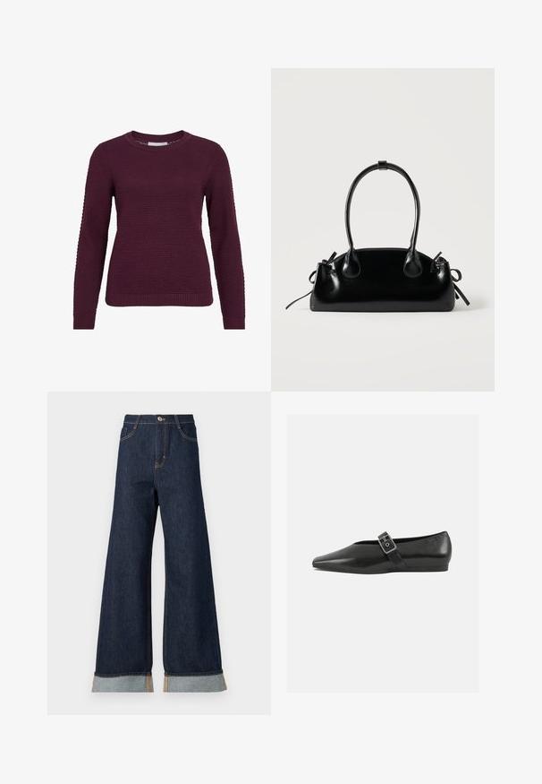 Bordeaux pullover sweater med et struktureret, honningkagesmønster, rund hals, lange ærmer og ribbede manchetter og kant.; Bredde ben mørk denim jeans med orange syninger, med høj talje, to forlommer og opbrettede manchetter, der viser et lysblåt kontraststof.; Sorte læder flade sko med spidse tæer, prydet med en metallisk spænde over vristen og en lav, fleksibel sål.; Lille sort blank håndtaske med to lange håndtag og snøre-detaljer i siden på en ensfarvet lys baggrund.