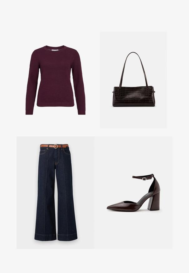Bordeaux pullover sweater med et struktureret, honningkagesmønster, rund hals, lange ærmer og ribbede manchetter og kant.; Mørkeblå denim wide-leg jeans med høj talje, brun bælte og synlige syningsdetaljer. Har forlommer og en afslappet pasform.; Mørkebrunt læder pumps med spids tå, høj hæl, ankelrem og sølvspænde på hvid baggrund.; Rektangulær mørkebrun håndtaske med præget krokodilletekstur og to tynde skulderremme mod en ensfarvet baggrund.