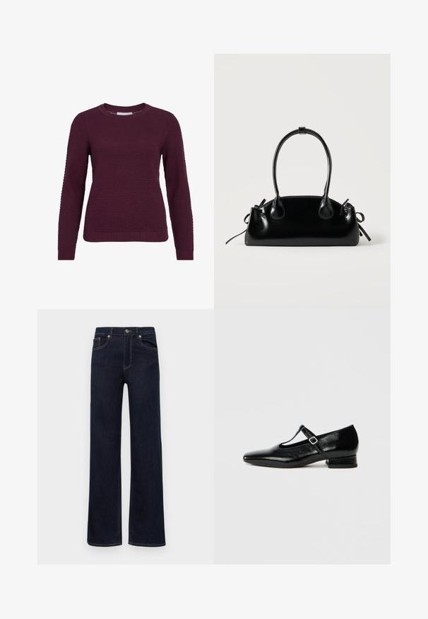 Burgunderfarbener Pullover mit strukturiertem Wabenmuster, rundem Hals, langen Ärmeln sowie gerippten Bündchen und Saum.; Dunkelblaue Denim-Jeans mit geradem Bein, Knopfverschluss, Gürtelschlaufen und fünf Taschen, auf einem weißen Hintergrund präsentiert.; Schwarze Mary Jane Schuhe aus Leder mit spitzer Spitze, kleinem Blockabsatz und verstellbarem Riemen mit silberner Schnalle. Glatte, glänzende Textur.; Kleine schwarze glänzende Handtasche mit zwei langen Griffen und seitlichen Kordelzug-Details vor einfachem hellem Hintergrund.