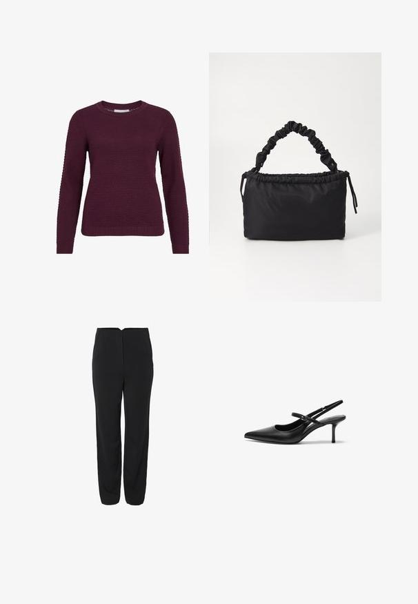 Burgunderfarbener Pullover mit strukturiertem Wabenmuster, rundem Hals, langen Ärmeln sowie gerippten Bündchen und Saum.; Schwarze Hose mit geradem Bein, ausgestattet mit zwei Fronttaschen und einer glatten Textur. Dezente Nähte auf der Vorderseite.; Schwarze Leder Slingback-Absätze mit einer spitzen Zehenform, schmalem verstellbarem Riemen und einem etwa 5 cm hohen Stiletto-Absatz, glatte Textur.; Schwarze Tasche aus weichem, glattem Stoff. Verfügt über einen gerafften Griff und einen Kordelzugverschluss, hat eine rechteckige Form und keine sichtbaren Beschläge.