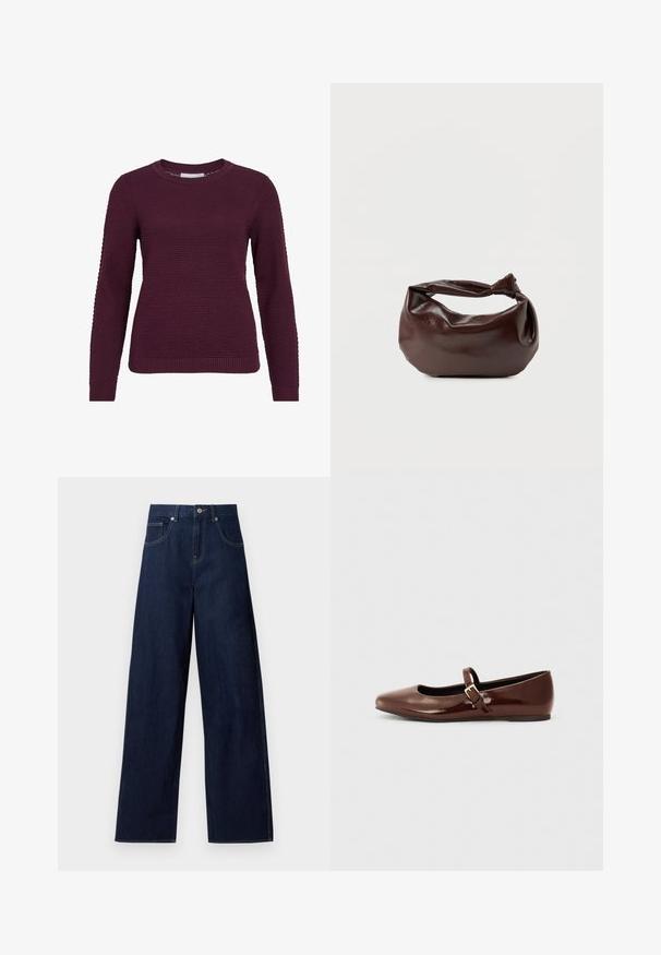 Bordeaux pullover trui met een gestructureerd, honingraatpatroon, ronde hals, lange mouwen en geribbelde manchetten en onderrand.; Donkerblauwe denim jeans met wijde pijpen, voor knopen en zakken, plat gelegd tegen een witte achtergrond.; Bruine gepatineerde leren balletschoen met een vierkante neus en een bandje met een kleine gouden gesp. Gladde textuur, lage hak en minimalistisch ontwerp.; Donkerbruine leren schoudertas met een zachte, slungelige vorm en een gedraaide knoopvormige handgreep op een effen witte achtergrond.