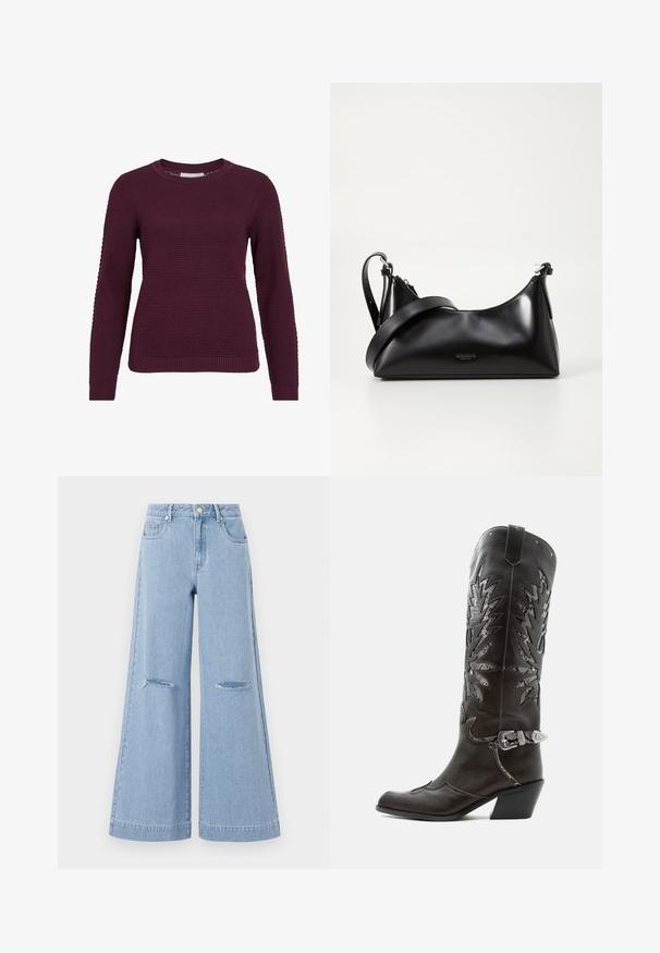 Burgunderfarbener Pullover mit strukturiertem Wabenmuster, rundem Hals, langen Ärmeln sowie gerippten Bündchen und Saum.; Helle blaue Schlagjeans mit hoher Taille, ausgestattet mit zwei vorderen Taschen und zwei Rissen an den Knien, aus Denim-Material gefertigt.; Schwarzer Leder-Cowboystiefel mit dekorativen Ausschnitten, silberner Schnalle und schräger Ferse, auf weißem Hintergrund dargestellt.; Schwarze lederne Handtasche mit glatter Textur. Verfügt über einen verstellbaren Riemen und ein elegantes, minimalistisches Design mit einem Reißverschluss.